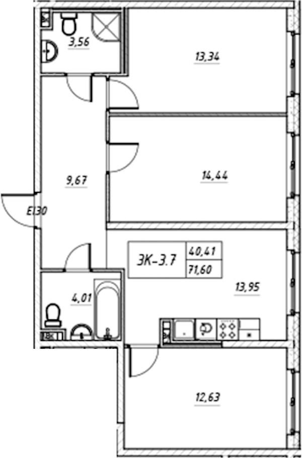 3-комнатная квартира 71.6 м², 10/17 эт., Комплекс апартаментов «Zoom на Неве»